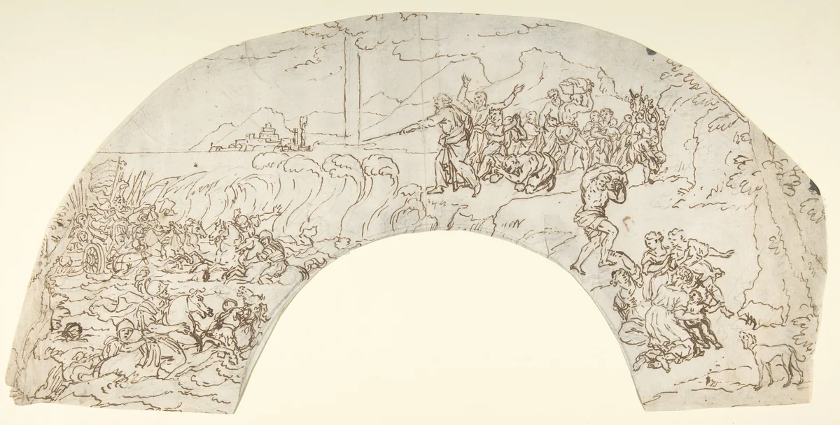 The Crossing of the Red Sea (Lunette or Fan?) by anonymous, drawing, 1700-1800