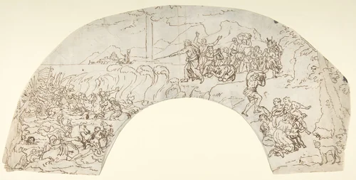 The Crossing of the Red Sea (Lunette or Fan?) by anonymous, drawing, 1700-1800