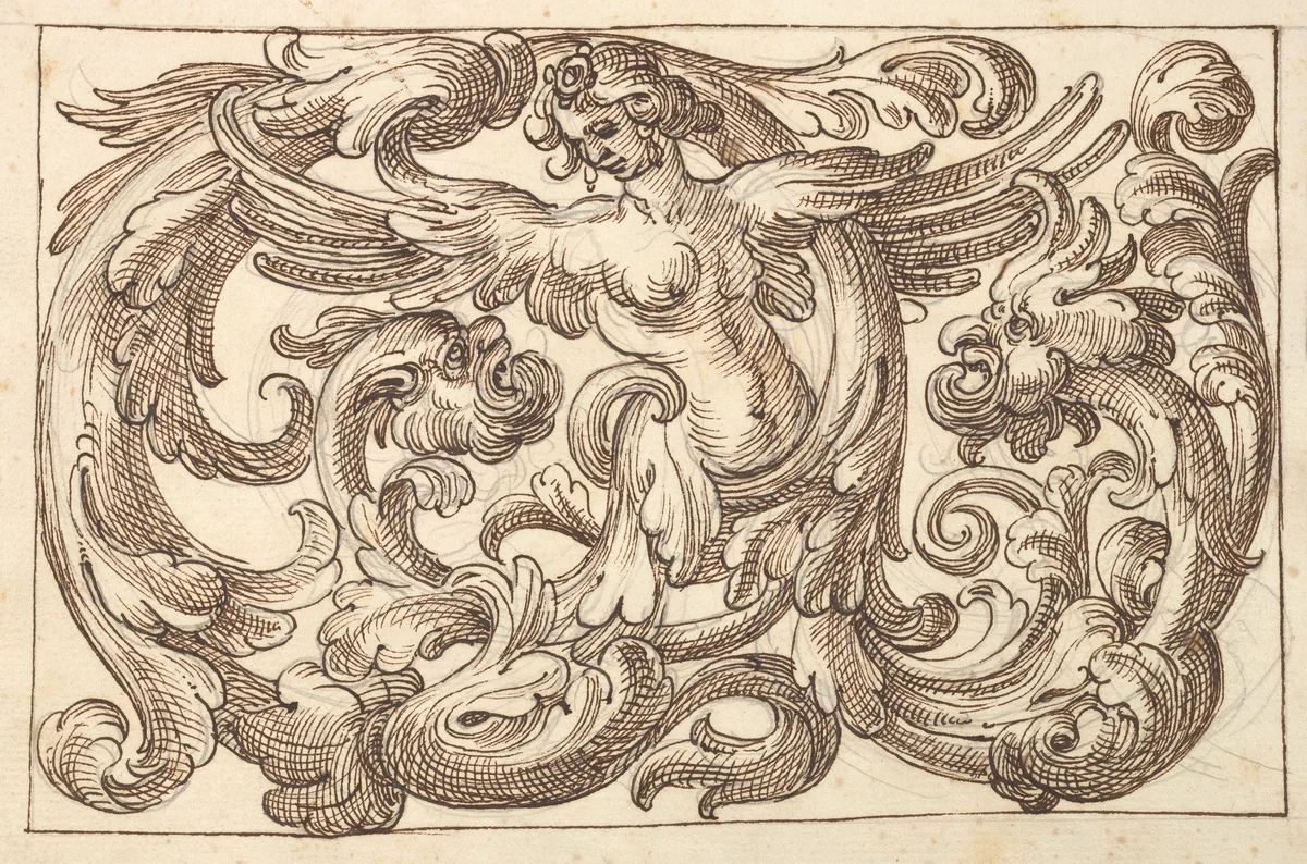 Horizontal Panel Design with a Female Figure and Two Fantastical Creatures Interspersed between Acanthus Rinceaux by anonymous, drawing, 1600-1650