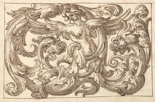 Horizontal Panel Design with a Female Figure and Two Fantastical Creatures Interspersed between Acanthus Rinceaux by anonymous, drawing, 1600-1650