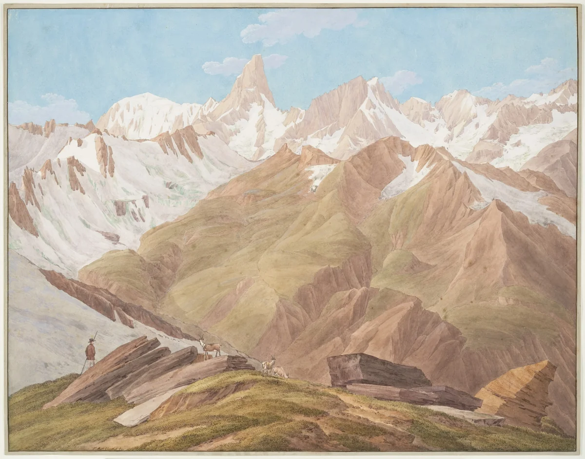 View of the Massif of Mont Blanc near the "Petit Jorasse, Grand Jorasse, le Géant" with the "Glaciers des Périades et Jorasse" and the "Glacier de la Venval" as seen from the "Col de Fenêtre près du Gd. St. Bernard" by Jean Antoine Linck, drawing, 1766-1899