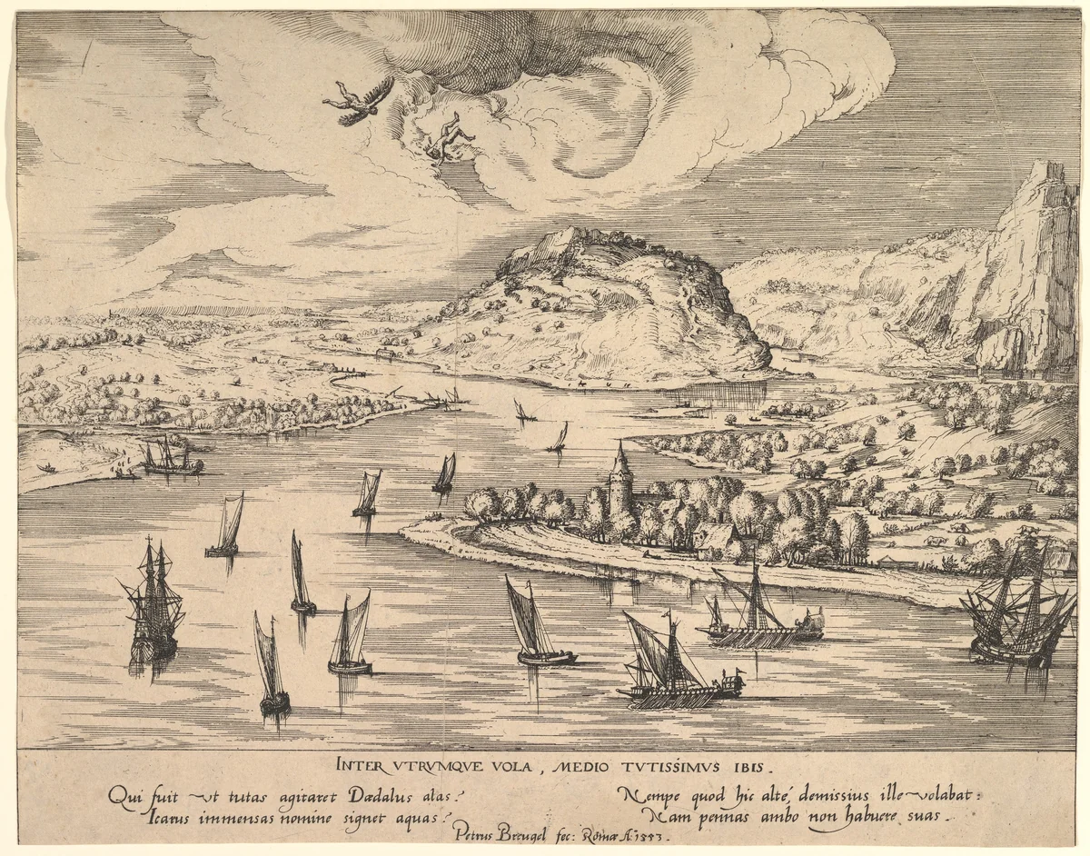 River Landscape with Daedalus and Icarus by Simon Novellanus, print, 1590-1600