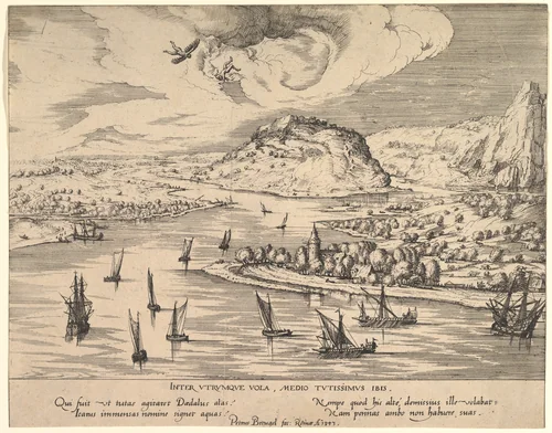 River Landscape with Daedalus and Icarus by Simon Novellanus, print, 1590-1600