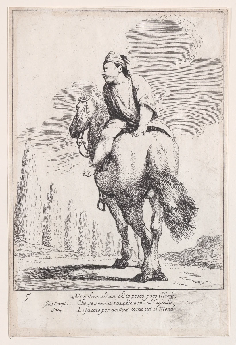 Plate 19: Cacasenno riding a horse backwards, from "Bertoldo, Bertoldino, and Cacasenno" by Giuseppe Maria Crespi, print, 1705-1715