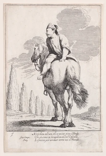 Plate 19: Cacasenno riding a horse backwards, from "Bertoldo, Bertoldino, and Cacasenno" by Giuseppe Maria Crespi, print, 1705-1715