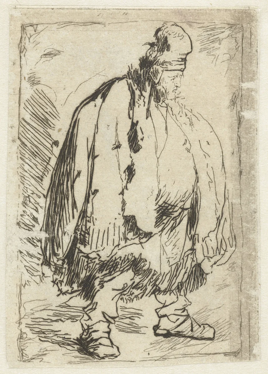 A stout man in large cloak by Léopold Flameng, print, 1859