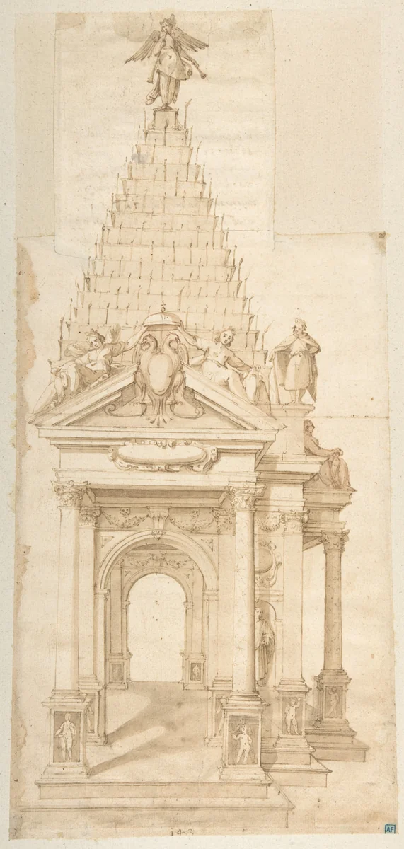 Drawing of a Catafalque for Philip II of Spain, 1598 by Alessandro Casolani della Torre, drawing, 1598