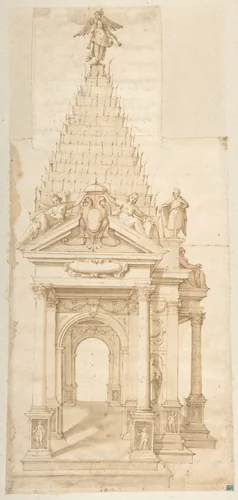 Drawing of a Catafalque for Philip II of Spain, 1598 by Alessandro Casolani della Torre, drawing, 1598
