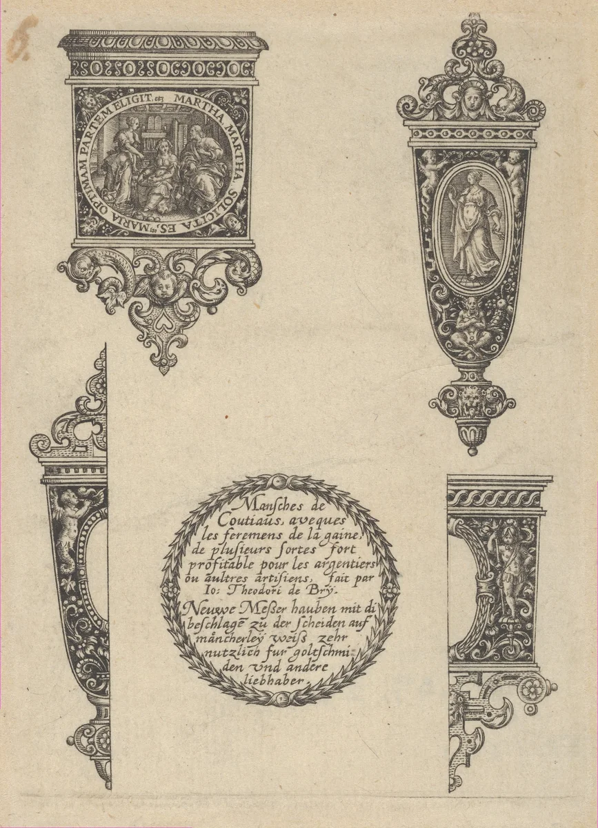 Design for Four Knife Handles with Title by Johann Theodor de Bry, print, 1580-1600