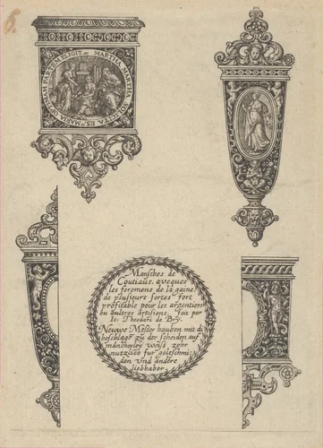 Design for Four Knife Handles with Title by Johann Theodor de Bry, print, 1580-1600