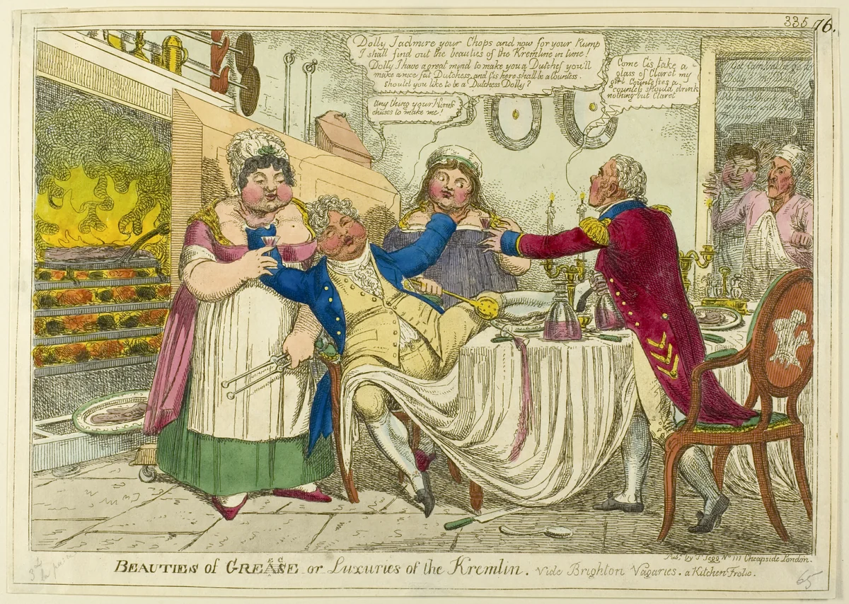 Beauties of Grease [altered to] Greece — or — Luxuries of the Kremlin. Vide Brighton Vagaries. A Kitchen Frolic. by Isaac Robert Cruikshank, print, 1815-1820