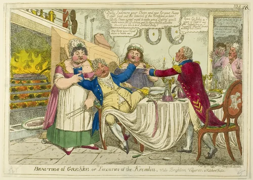 Beauties of Grease [altered to] Greece — or — Luxuries of the Kremlin. Vide Brighton Vagaries. A Kitchen Frolic. by Isaac Robert Cruikshank, print, 1815-1820