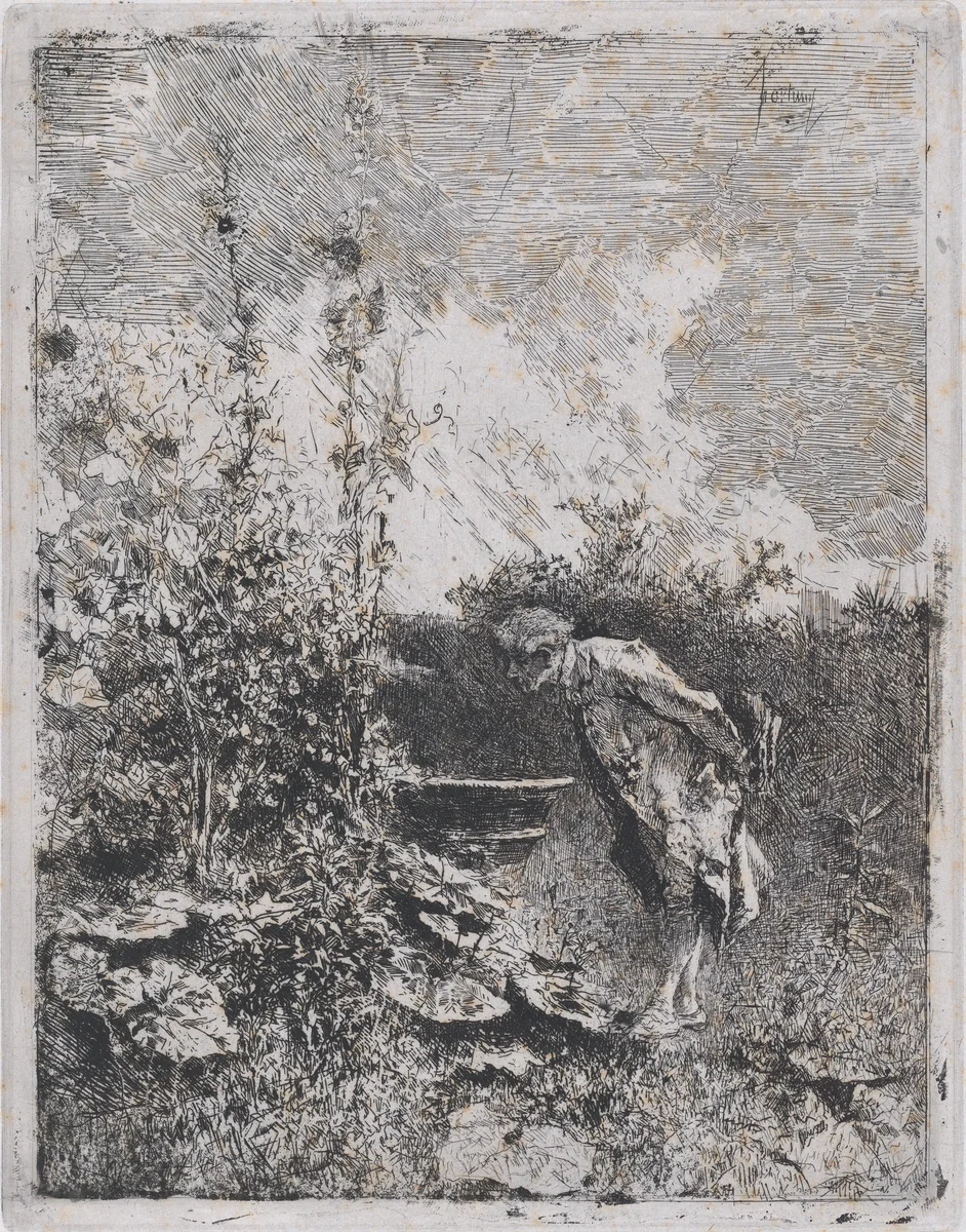 The botanist: a man in a garden examining its contents by Mariano Fortuny, print, 1860-1870