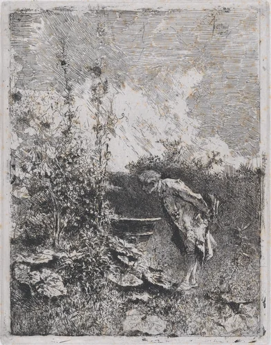 The botanist: a man in a garden examining its contents by Mariano Fortuny, print, 1860-1870