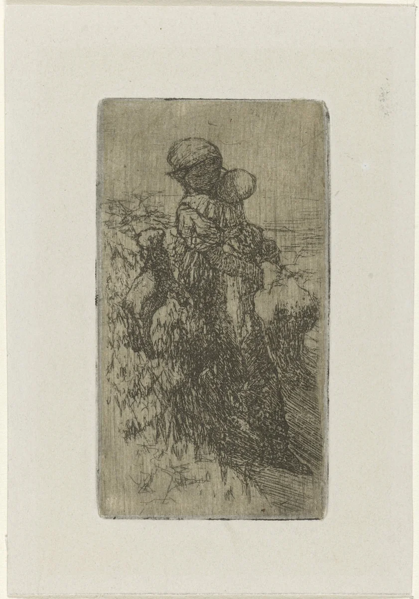 Meisje met kind op de arm bij een lam by Matthijs Maris, print, 1851-1855