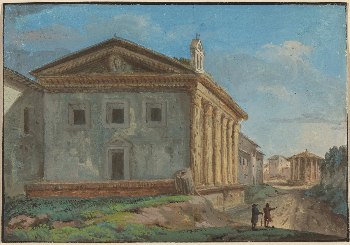 Tempio della Fortuna Virile with the Tempio di Vesta in the Distance by Italian 18th Century, drawing, 1700-1799