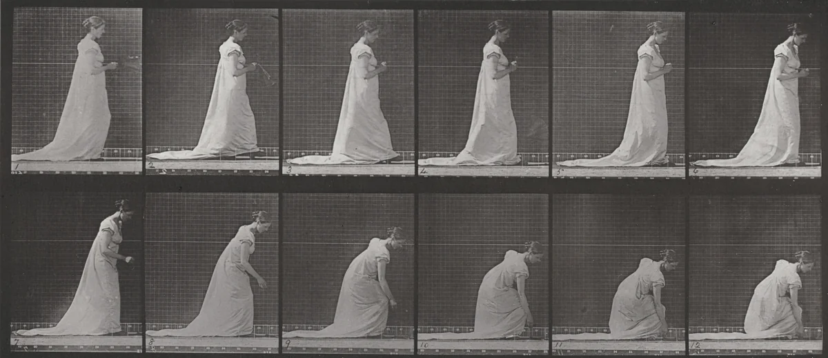 Plate Number 208. Dropping a fan and stooping to lift it by Eadweard Muybridge, photograph, 1887