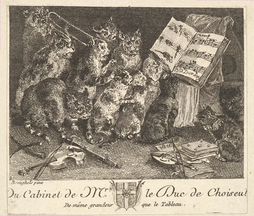 Concert of Cats, after the painting in the collection of the Duc de Choiseul by Balthasar Anton Dunker, print, 1746-1771