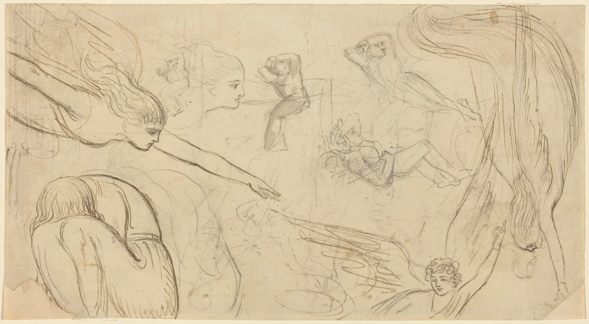 Sheet of Studies with Angels and Cowering Figures (Illustration for Macklin's Bible?) by Thomas Stothard, drawing, 1786-1796