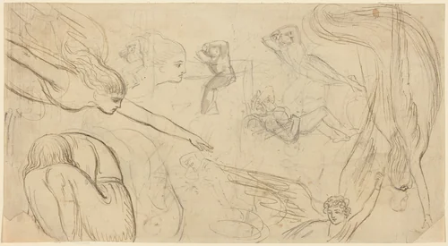 Sheet of Studies with Angels and Cowering Figures (Illustration for Macklin's Bible?) by Thomas Stothard, drawing, 1786-1796