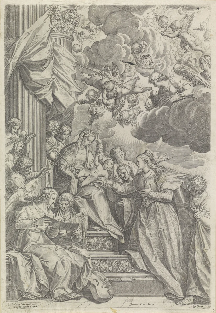 Mystieke huwelijk van de heilige Catharina by Unknown, print, 1582