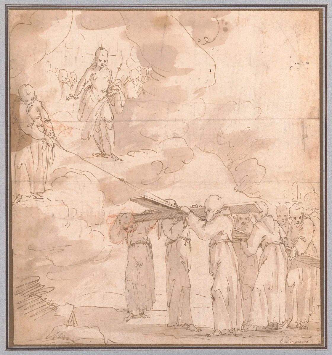 Members of a Monastic Order Carrying the Cross for Christ to Heaven by Giovanni Andrea de Ferrari, drawing, 1550-1657