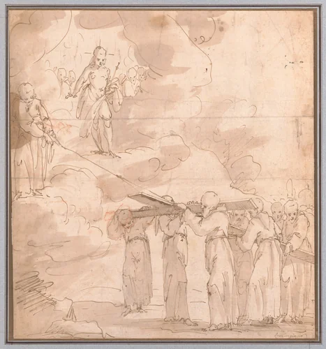 Members of a Monastic Order Carrying the Cross for Christ to Heaven by Giovanni Andrea de Ferrari, drawing, 1550-1657