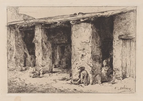 Woman working within a shed by Etienne Delrieux, print, 1869-1880