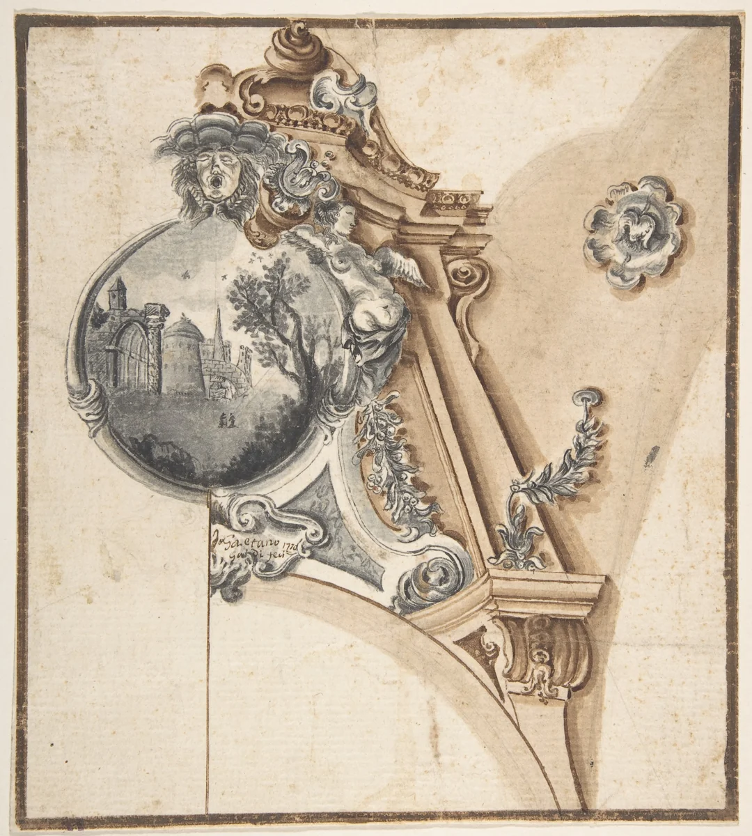 Decoration over an Arch with a Landscape Scene in a Round Compartment by Gaetano Galdi, drawing, 1770