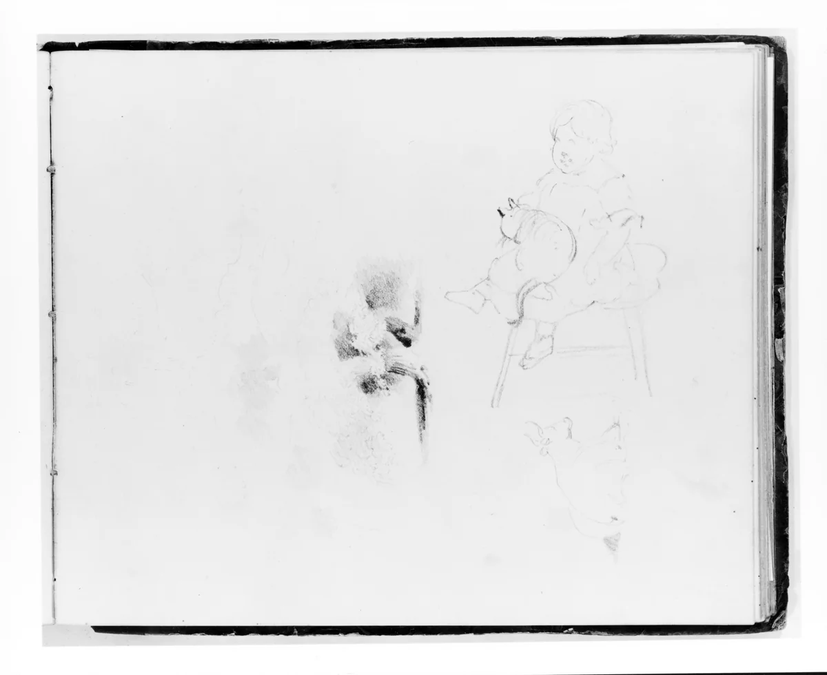 Three Studies: Tree; Girl with a Cat; Cow (from Sketchbook) by Francis William Edmonds, artwork, 1835-1839