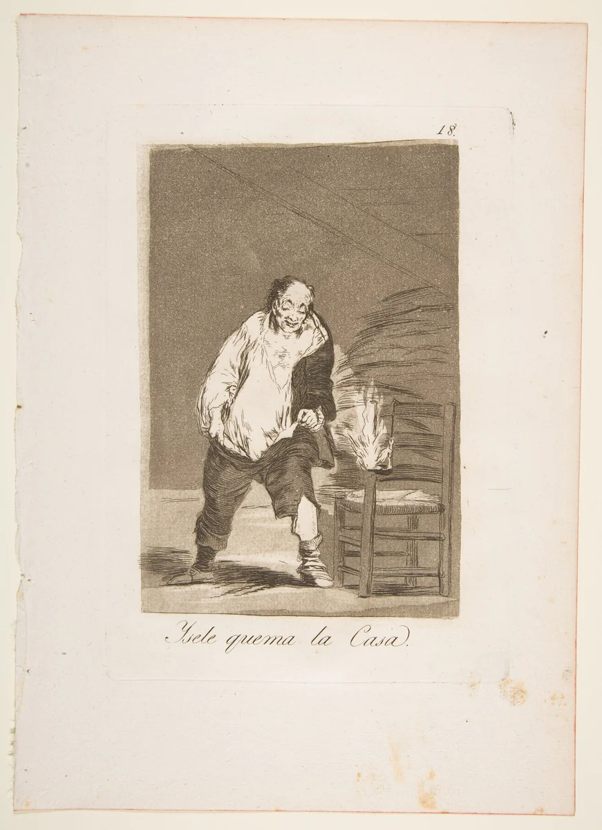 Plate 18 from "Los Caprichos": And his house is on fire (Ysele quema la Casa) by Goya, print, 1799