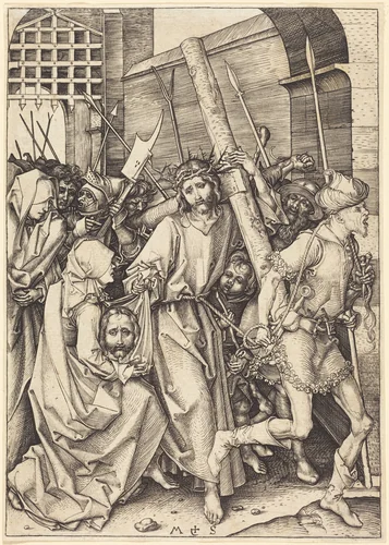 The Bearing of the Cross with Saint Veronica by Martin Schongauer, print, 1480