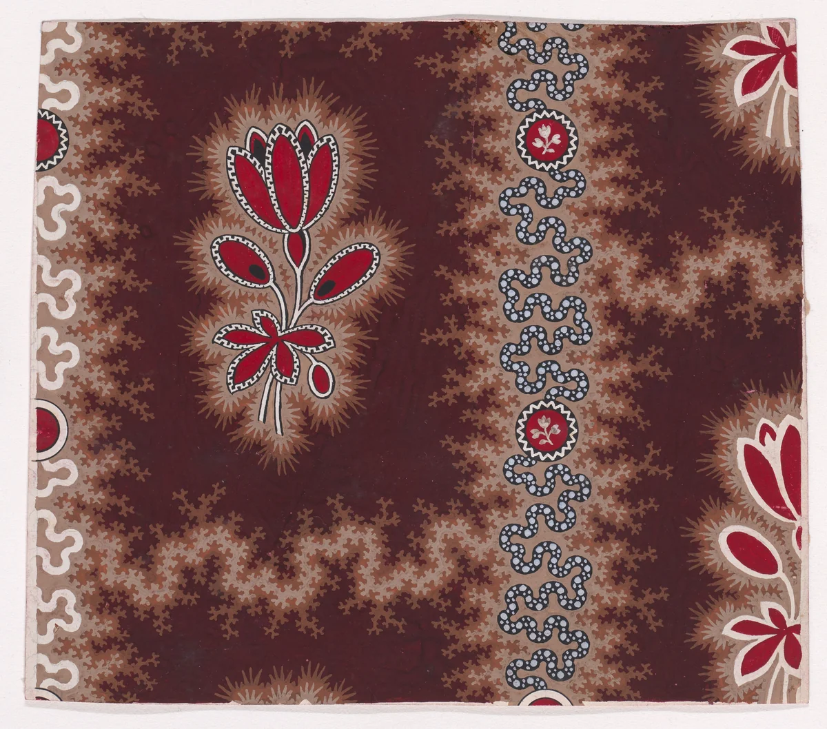 Textile Design with Vertical Rows of Bunches of Stylized Flowers and Stems with Leaves Framed by a Shade of Thorns Separated by Vertical Garlands of Branches with an Undulating Ribbon with Pearls and Small Stylized Flowers Inside a Circular Frame by anonymous, drawing, 1840