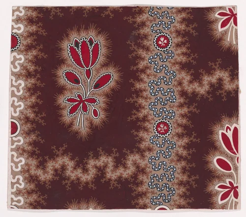 Textile Design with Vertical Rows of Bunches of Stylized Flowers and Stems with Leaves Framed by a Shade of Thorns Separated by Vertical Garlands of Branches with an Undulating Ribbon with Pearls and Small Stylized Flowers Inside a Circular Frame by anonymous, drawing, 1840