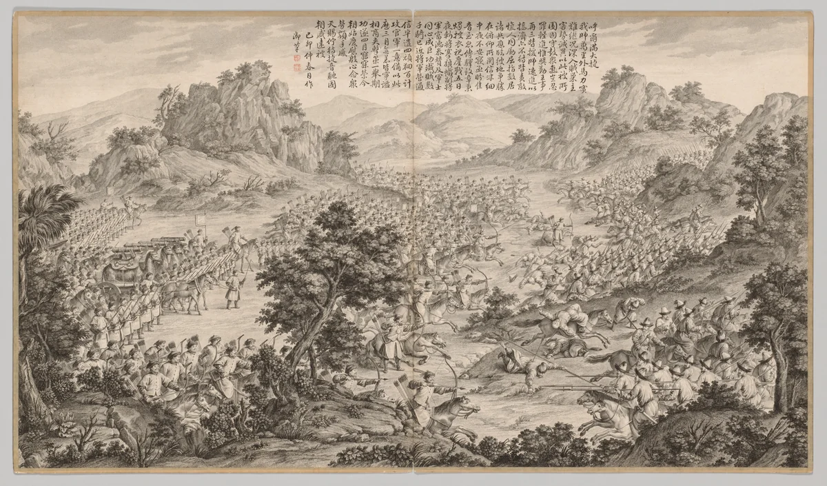 Great Victory at Hu'erman: from Battle Scenes of the Quelling of Rebellions in the Western Regions, with Imperial Poems by Jean Damascene Sallusti, print, 1759-1774