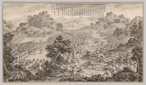 Great Victory at Hu'erman: from Battle Scenes of the Quelling of Rebellions in the Western Regions, with Imperial Poems by Jean Damascene Sallusti, print, 1759-1774