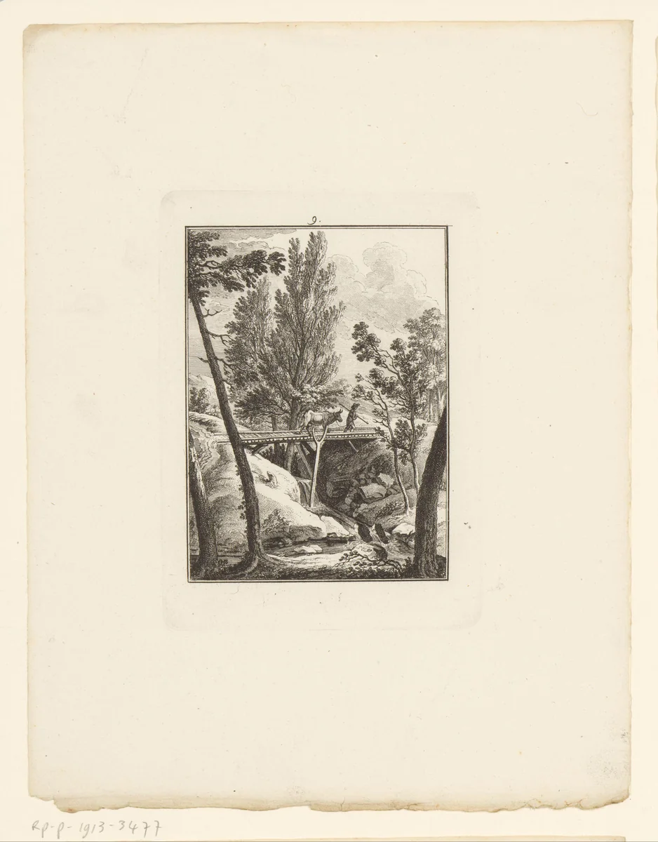Landschap met brug over een kleine waterval by Johann Rudolph Schellenberg, print, 1781