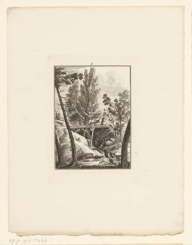 Landschap met brug over een kleine waterval by Johann Rudolph Schellenberg, print, 1781