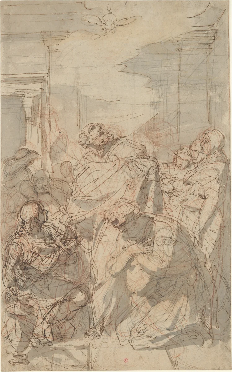 St. Peter Baptizing Cornelius (Acts 10: 44-48) by Laurent Pécheux, drawing, 1740-1821