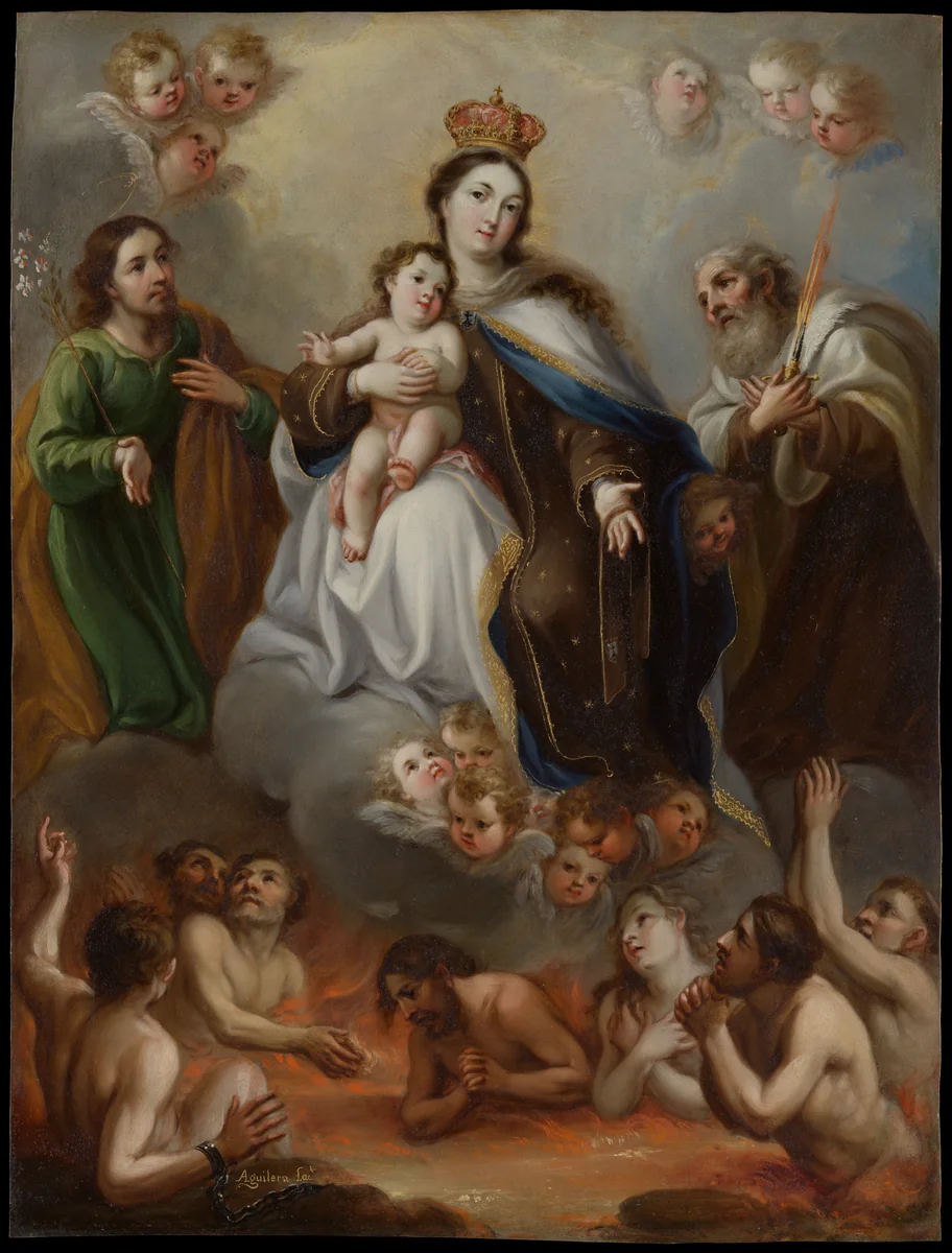 The Virgin of Carmen and the Souls of Purgatory with St. Joseph and the Prophet Elijah by Juan Francisco de Aguilera, artwork, 1715-1725