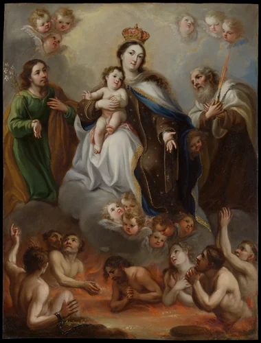 The Virgin of Carmen and the Souls of Purgatory with St. Joseph and the Prophet Elijah by Juan Francisco de Aguilera, artwork, 1715-1725