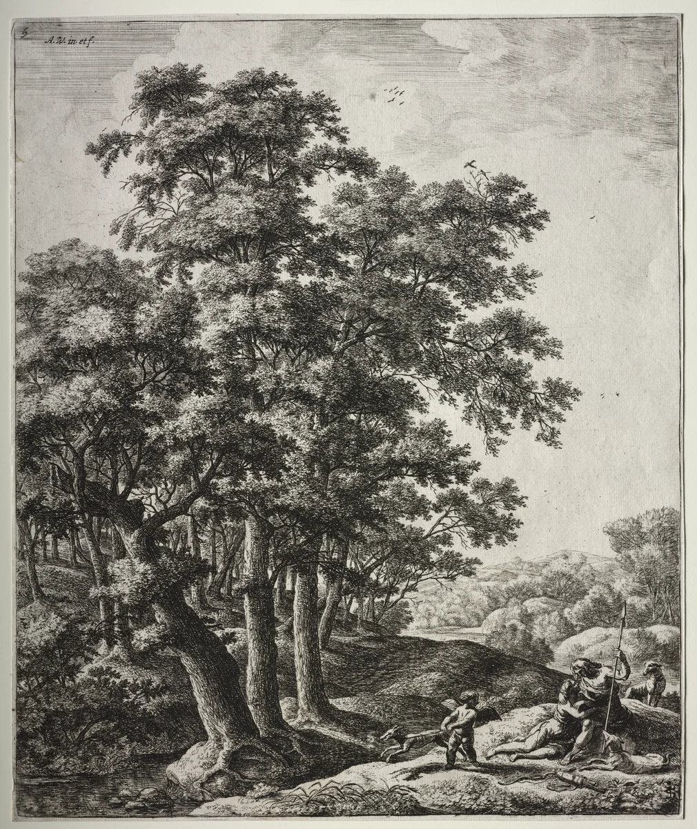 Six large upright landscapes with scenes from Ovid's Metamorphoses: Venus and Adonis by Anthonie Waterloo, print, 1640-1690