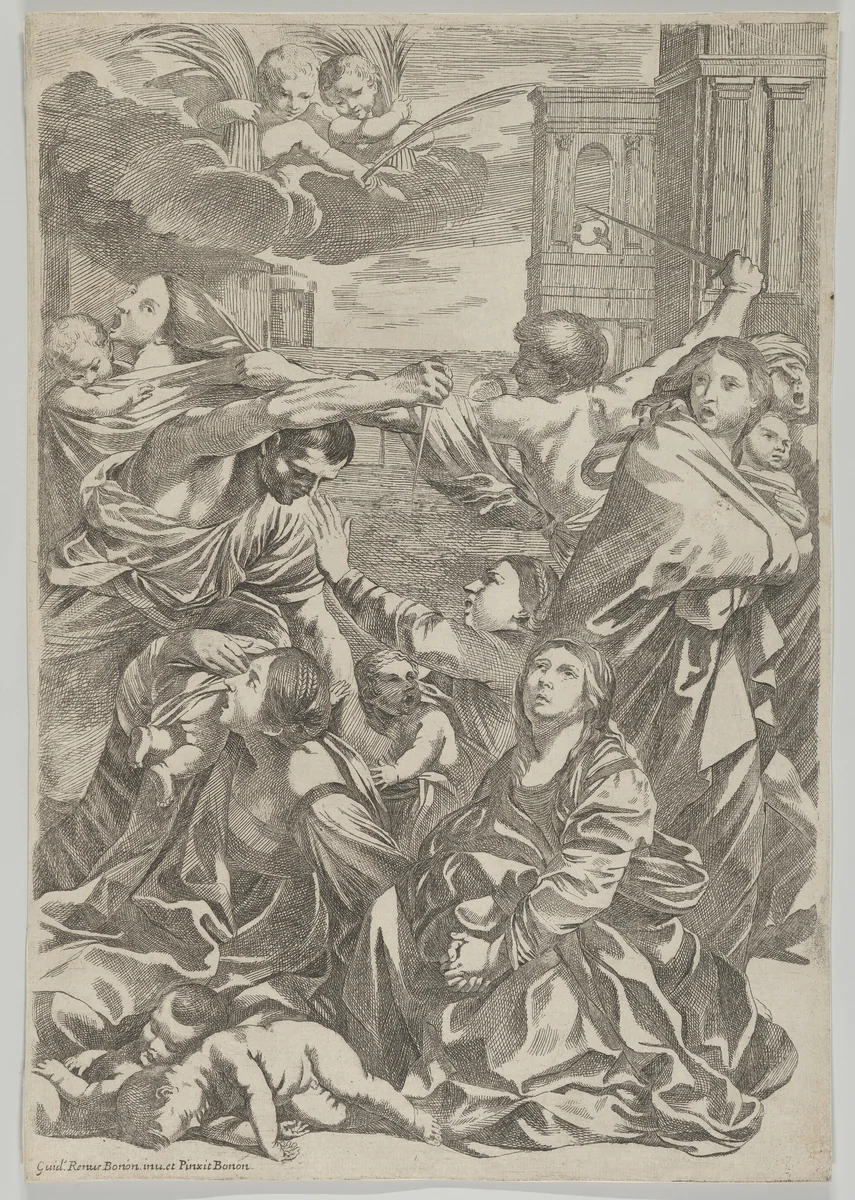 Massacre of the Innocents; group of women and children being attacked, two angels at upper left, after Reni by anonymous, print, 1635-1700