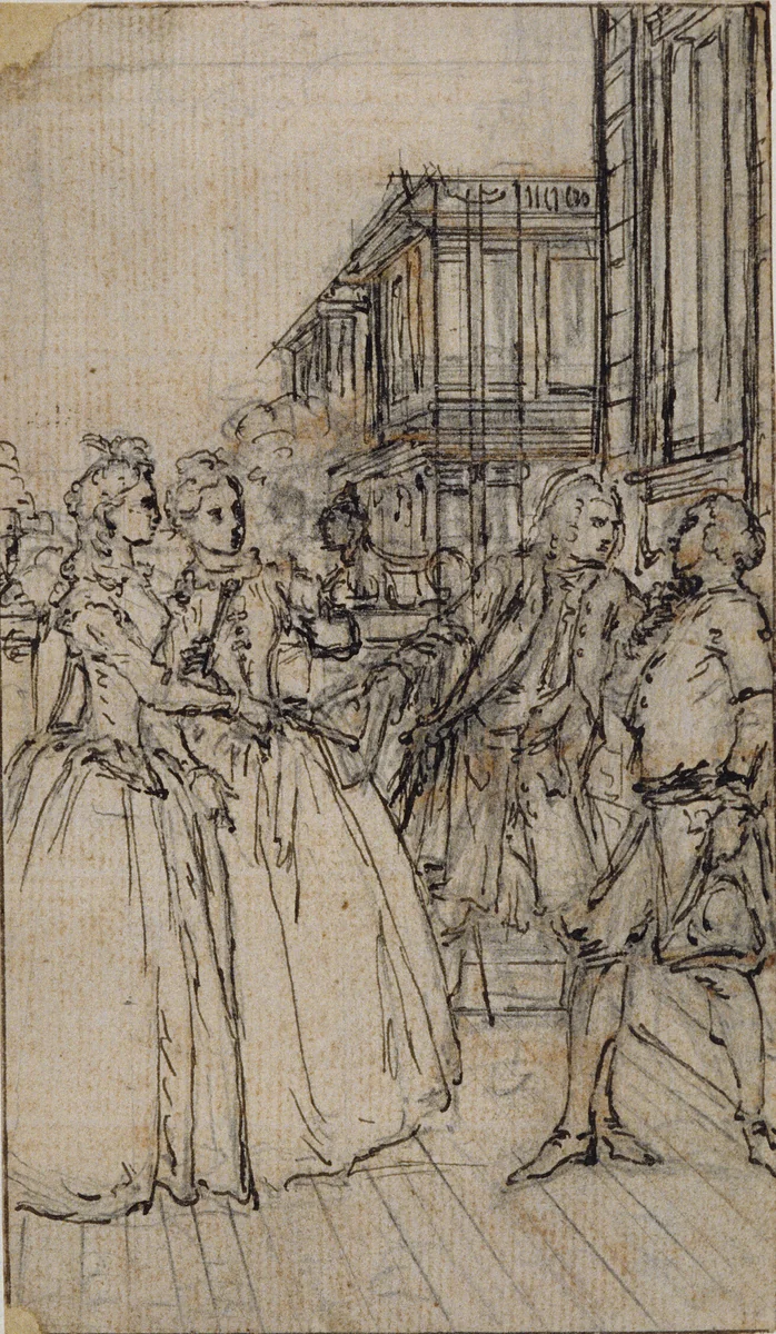 Literary Illustration with Two Ladies and Two Gentlemen in a Street by Hubert François Gravelot, drawing, 1719-1773