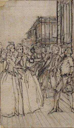 Literary Illustration with Two Ladies and Two Gentlemen in a Street by Hubert François Gravelot, drawing, 1719-1773