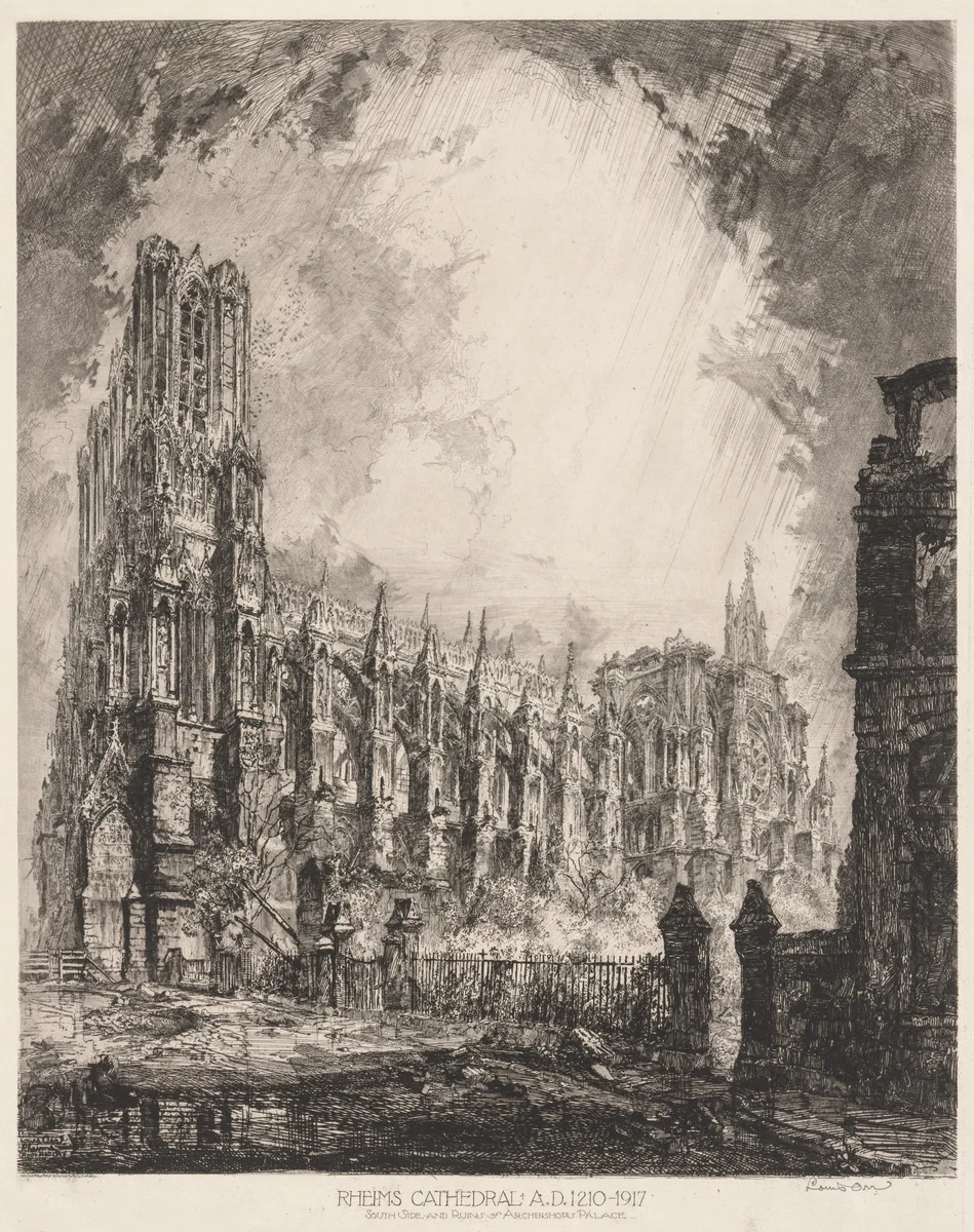 Rheims Cathedral and Ruins of Archbishop's Palace by Louis Orr, print, 1900-1920