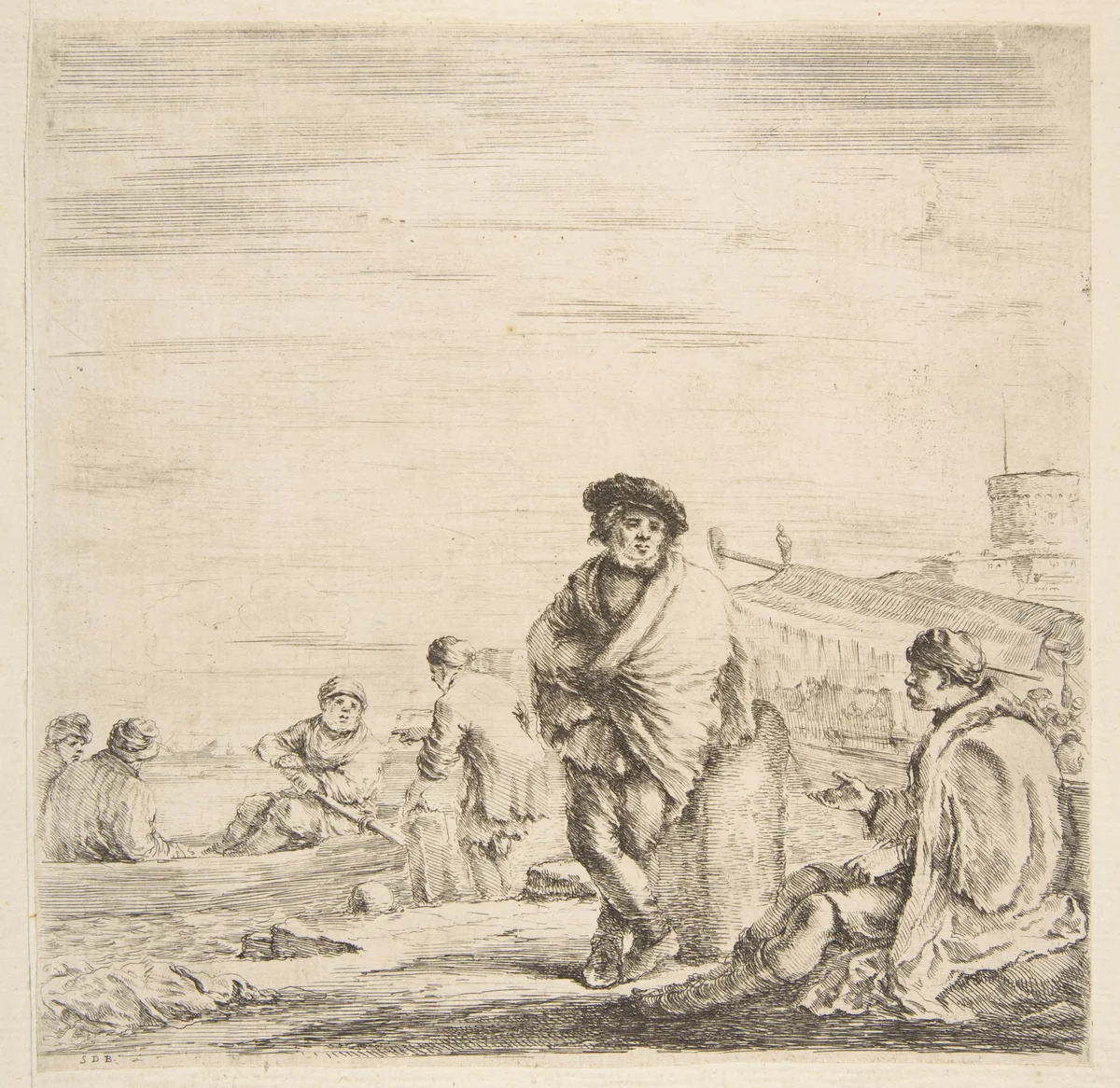 A standing sailor talking to a seated Levantine by Stefano della Bella, print, 1655-1665