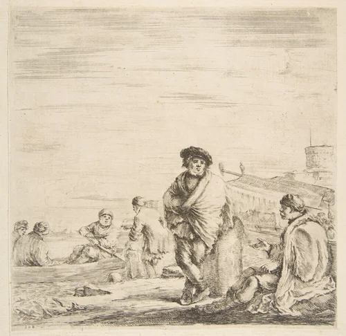 A standing sailor talking to a seated Levantine by Stefano della Bella, print, 1655-1665