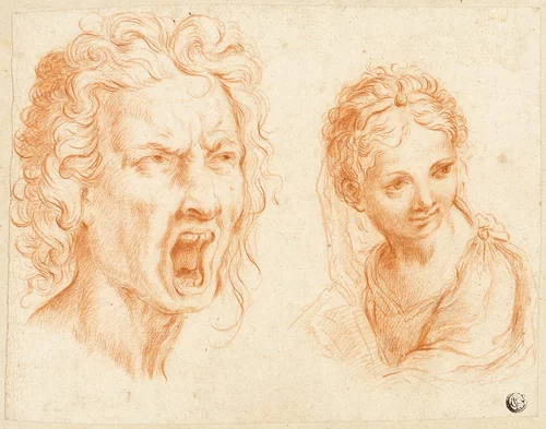 Grimacing Male Head, Bust of Girl by Unknown Artist, drawing, 1400-1599