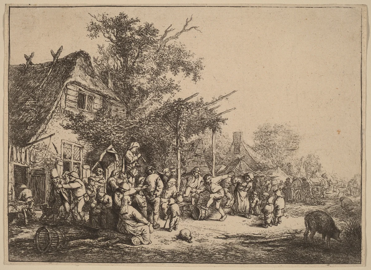 Village Kermesse with Peasants Feasting Under a Pergola by Adriaen van Ostade, print, 1647-1657